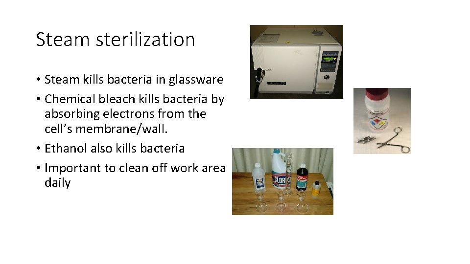 Steam sterilization • Steam kills bacteria in glassware • Chemical bleach kills bacteria by