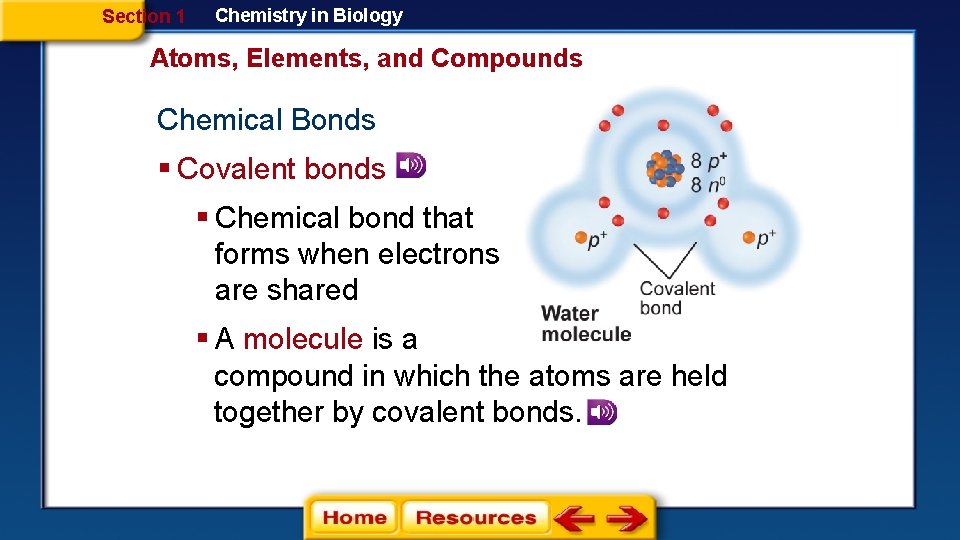 Section 1 Chemistry in Biology Atoms, Elements, and Compounds Chemical Bonds § Covalent bonds