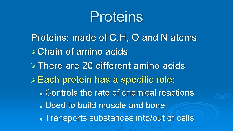 Proteins: made of C, H, O and N atoms Ø Chain of amino acids