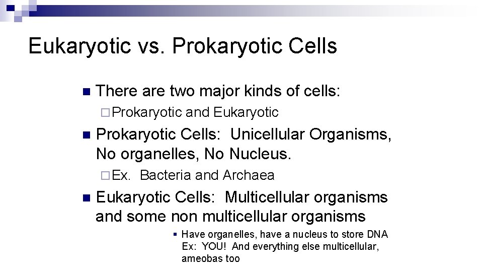 Eukaryotic vs. Prokaryotic Cells n There are two major kinds of cells: ¨ Prokaryotic