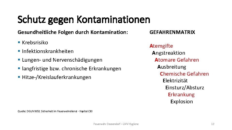 Schutz gegen Kontaminationen Gesundheitliche Folgen durch Kontamination: § Krebsrisiko § Infektionskrankheiten § Lungen- und