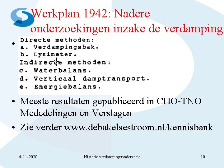 Werkplan 1942: Nadere onderzoekingen inzake de verdamping • Meeste resultaten gepubliceerd in CHO-TNO Mededelingen