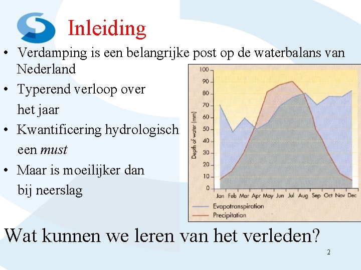 Inleiding • Verdamping is een belangrijke post op de waterbalans van Nederland • Typerend