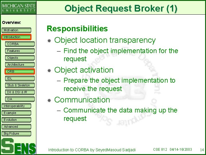 Object Request Broker (1) Overview: Motivation Introduction CORBA Responsibilities Object location transparency – Find