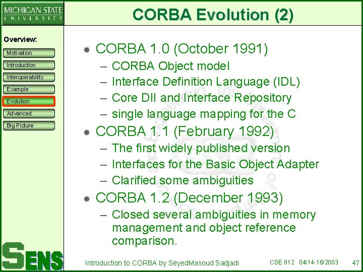 CORBA Evolution (2) Overview: Motivation – – Introduction Interoperability Example Evolution Advanced Big Picture