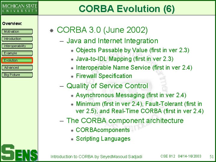 CORBA Evolution (6) Overview: Motivation Introduction Interoperability Example Evolution Advanced Big Picture CORBA 3.