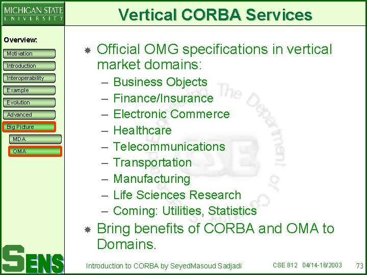 Vertical CORBA Services Overview: Motivation Introduction Official OMG specifications in vertical market domains: –