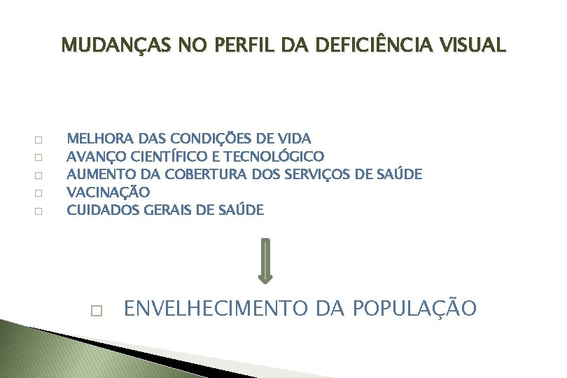 MUDANÇAS NO PERFIL DA DEFICIÊNCIA VISUAL � � � MELHORA DAS CONDIÇÕES DE VIDA
