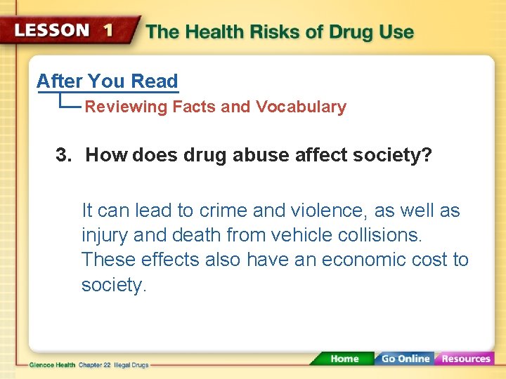 After You Read Reviewing Facts and Vocabulary 3. How does drug abuse affect society?