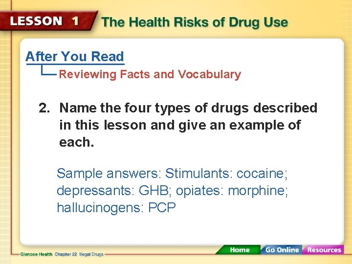 After You Read Reviewing Facts and Vocabulary 2. Name the four types of drugs