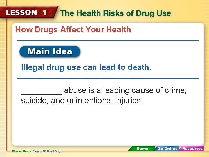 How Drugs Affect Your Health Illegal drug use can lead to death. _____ abuse