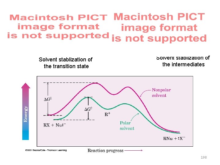 Solvent stablization of the transition state Solvent stablization of the intermediates 198 