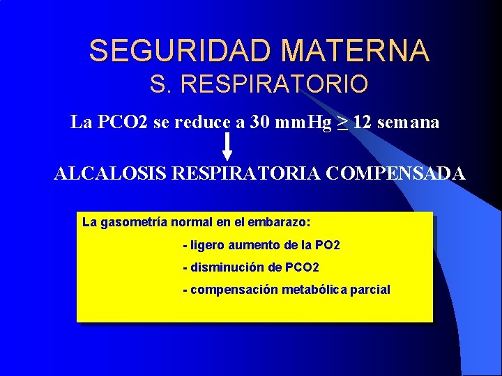 SEGURIDAD MATERNA S. RESPIRATORIO La PCO 2 se reduce a 30 mm. Hg ≥