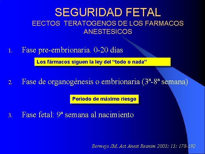 SEGURIDAD FETAL EECTOS TERATOGENOS DE LOS FARMACOS ANESTESICOS 1. Fase pre-embrionaria. 0 -20 días