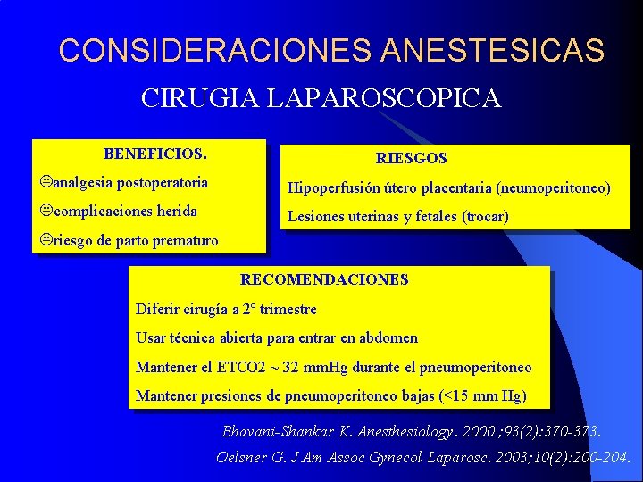CONSIDERACIONES ANESTESICAS CIRUGIA LAPAROSCOPICA BENEFICIOS. RIESGOS analgesia postoperatoria Hipoperfusión útero placentaria (neumoperitoneo) complicaciones herida