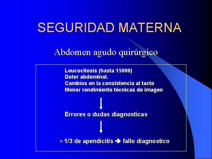 SEGURIDAD MATERNA Abdomen agudo quirúrgico Leucocitosis (hasta 15000) Dolor abdominal. Cambios en la consistencia