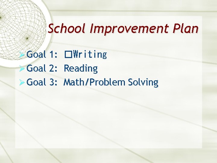 School Improvement Plan Ø Goal 1: �Writing Ø Goal 2: Reading Ø Goal 3: