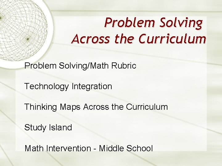 Problem Solving Across the Curriculum Problem Solving/Math Rubric Technology Integration Thinking Maps Across the