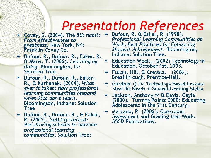 Presentation References Dufour, R. & Eaker, R. (1998). Covey, S. (2004). The 8 th