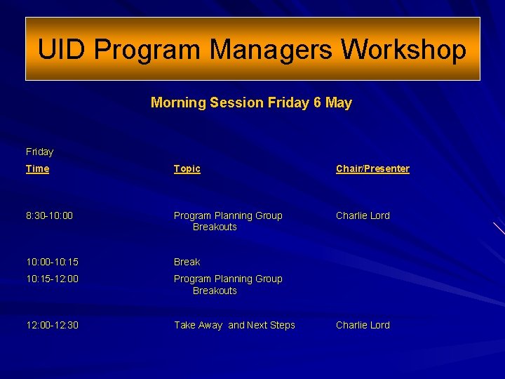 UID Program Managers Workshop Morning Session Friday 6 May Friday Time Topic Chair/Presenter 8: