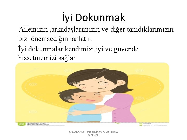 İyi Dokunmak Ailemizin , arkadaşlarımızın ve diğer tanıdıklarımızın bizi önemsediğini anlatır. İyi dokunmalar kendimizi