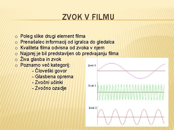 ZVOK V FILMU o o o Poleg slike drugi element filma Prenašalec informacij od