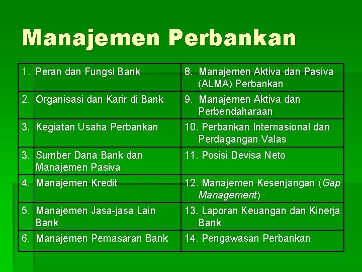 Manajemen Perbankan 1. Peran dan Fungsi Bank 8. Manajemen Aktiva dan Pasiva (ALMA) Perbankan