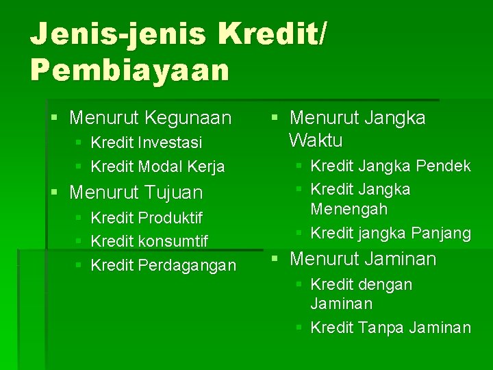 Jenis-jenis Kredit/ Pembiayaan § Menurut Kegunaan § Kredit Investasi § Kredit Modal Kerja §