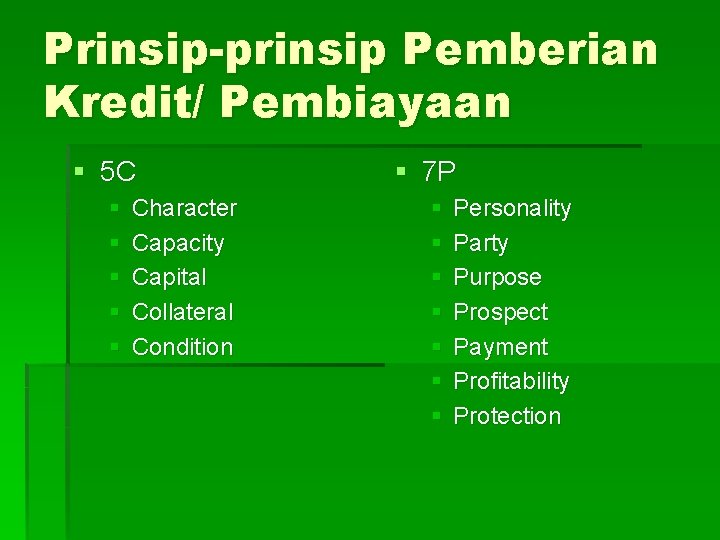 Prinsip-prinsip Pemberian Kredit/ Pembiayaan § 5 C § § § Character Capacity Capital Collateral