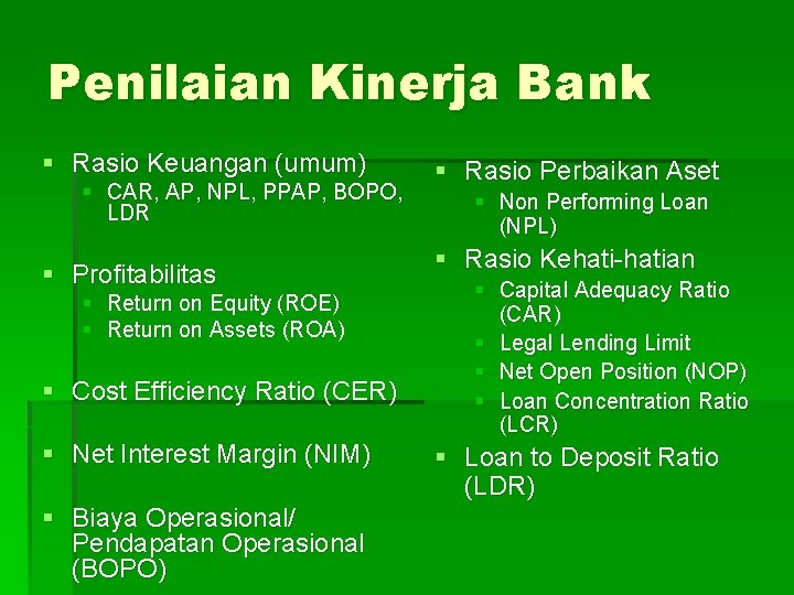 Penilaian Kinerja Bank § Rasio Keuangan (umum) § CAR, AP, NPL, PPAP, BOPO, LDR