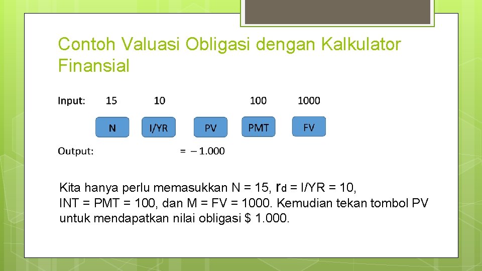 Contoh Valuasi Obligasi dengan Kalkulator Finansial Kita hanya perlu memasukkan N = 15, rd