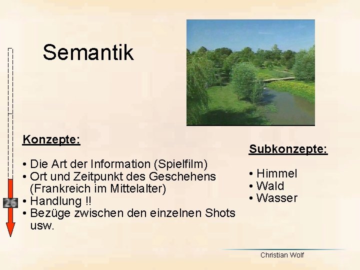 Semantik Konzepte: Subkonzepte: • Die Art der Information (Spielfilm) • Himmel • Ort und