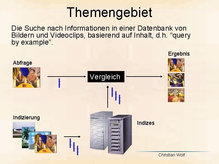 Themengebiet Die Suche nach Informationen in einer Datenbank von Bildern und Videoclips, basierend auf