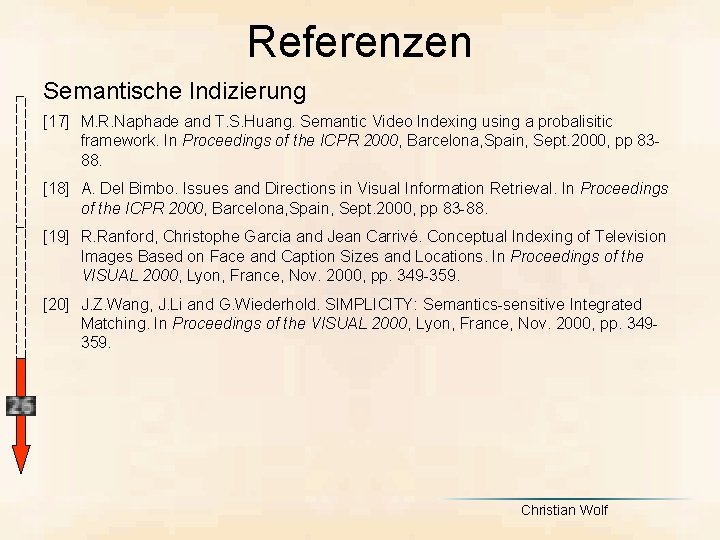 Referenzen Semantische Indizierung [17] M. R. Naphade and T. S. Huang. Semantic Video Indexing