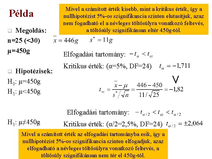 Megoldás: n=25 (<30) μ=450 g q Hipotézisek: H 0: μ=450 g H 1: μ<450
