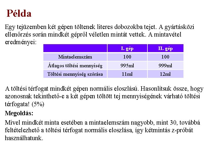 Példa Egy tejüzemben két gépen töltenek literes dobozokba tejet. A gyártásközi ellenőrzés során mindkét