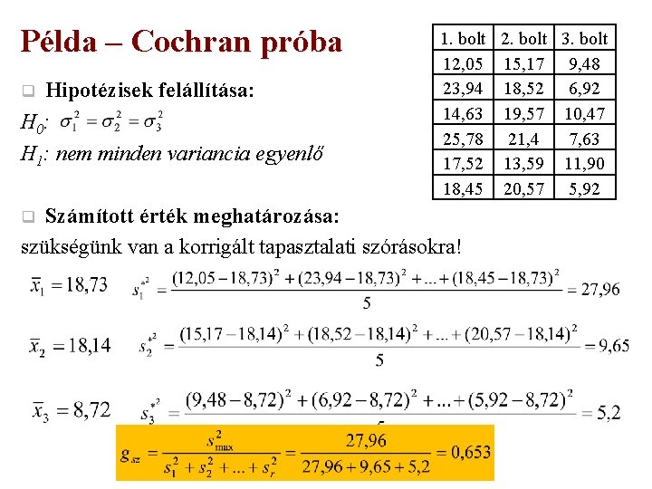 Példa – Cochran próba Hipotézisek felállítása: H 0: H 1: nem minden variancia egyenlő