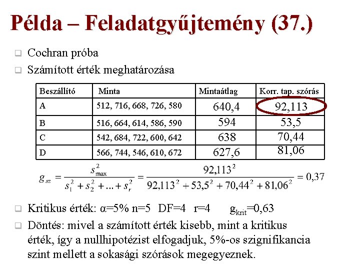 Példa – Feladatgyűjtemény (37. ) q q Cochran próba Számított érték meghatározása Beszállító Minta