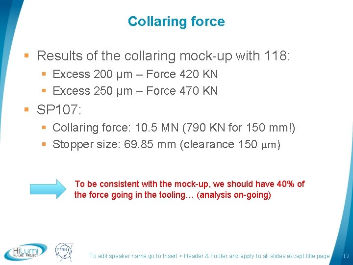 Collaring force § Results of the collaring mock-up with 118: § Excess 200 μm