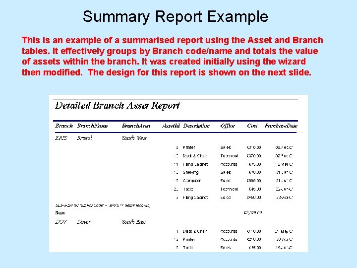 Summary Report Example This is an example of a summarised report using the Asset