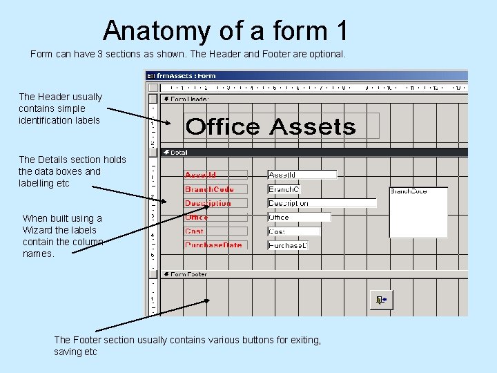 Anatomy of a form 1 Form can have 3 sections as shown. The Header