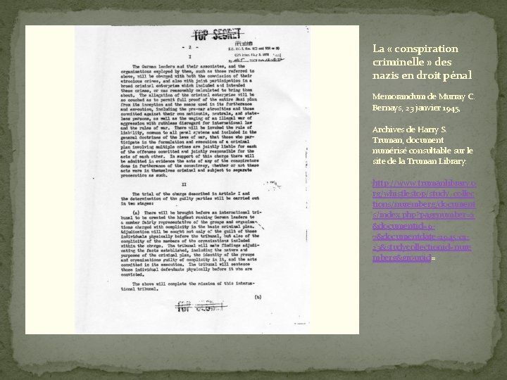 La « conspiration criminelle » des nazis en droit pénal Memorandum de Murray C.