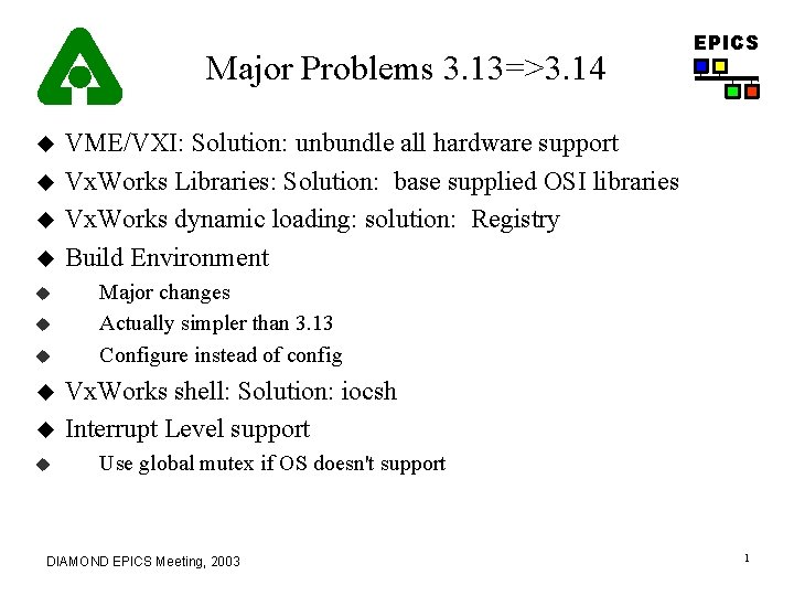 Major Problems 3. 13=>3. 14 EPICS VME/VXI: Solution: unbundle all hardware support Vx. Works