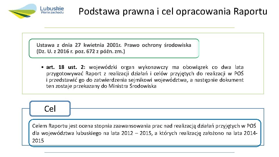 Podstawa prawna i cel opracowania Raportu • art. 18 ust. 2: wojewódzki organ wykonawczy