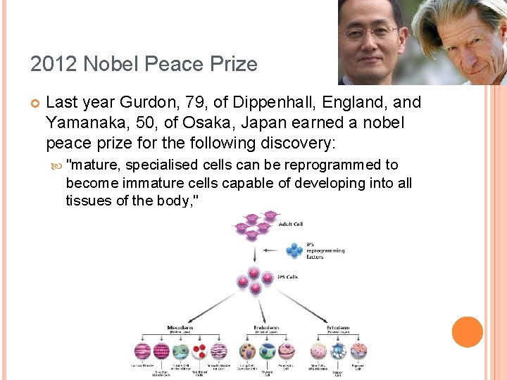 2012 Nobel Peace Prize Last year Gurdon, 79, of Dippenhall, England, and Yamanaka, 50,