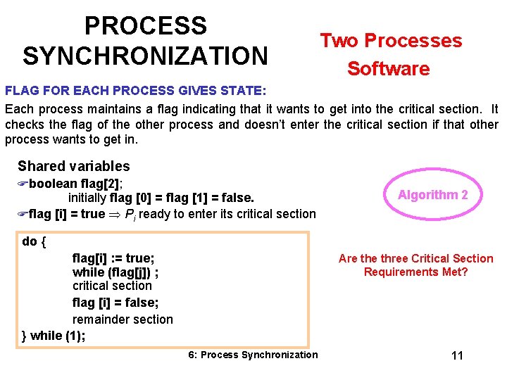 PROCESS SYNCHRONIZATION Two Processes Software FLAG FOR EACH PROCESS GIVES STATE: Each process maintains PROCESS SYNCHRONIZATION Two Processes Software FLAG FOR EACH PROCESS GIVES STATE: Each process maintains