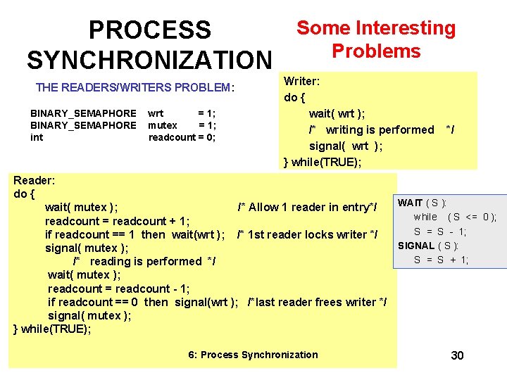 PROCESS SYNCHRONIZATION THE READERS/WRITERS PROBLEM: BINARY_SEMAPHORE wrt = 1; BINARY_SEMAPHORE mutex = 1; int PROCESS SYNCHRONIZATION THE READERS/WRITERS PROBLEM: BINARY_SEMAPHORE wrt = 1; BINARY_SEMAPHORE mutex = 1; int