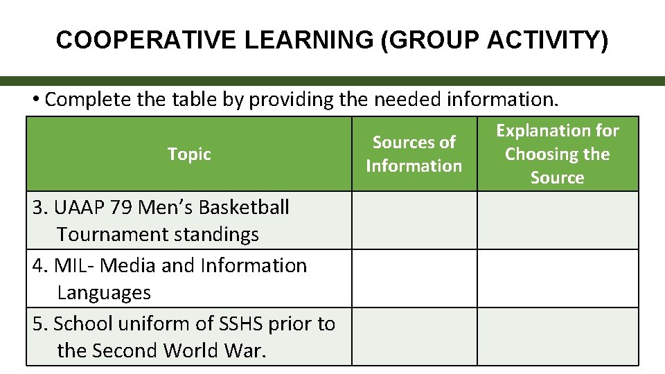 COOPERATIVE LEARNING (GROUP ACTIVITY) • Complete the table by providing the needed information. Topic