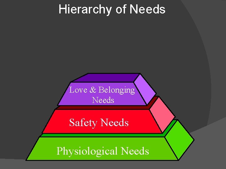 Hierarchy of Needs Love & Belonging Needs Safety Needs Physiological Needs 