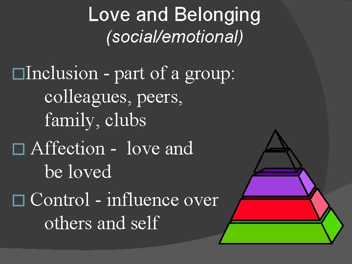 Love and Belonging (social/emotional) �Inclusion - part of a group: colleagues, peers, family, clubs